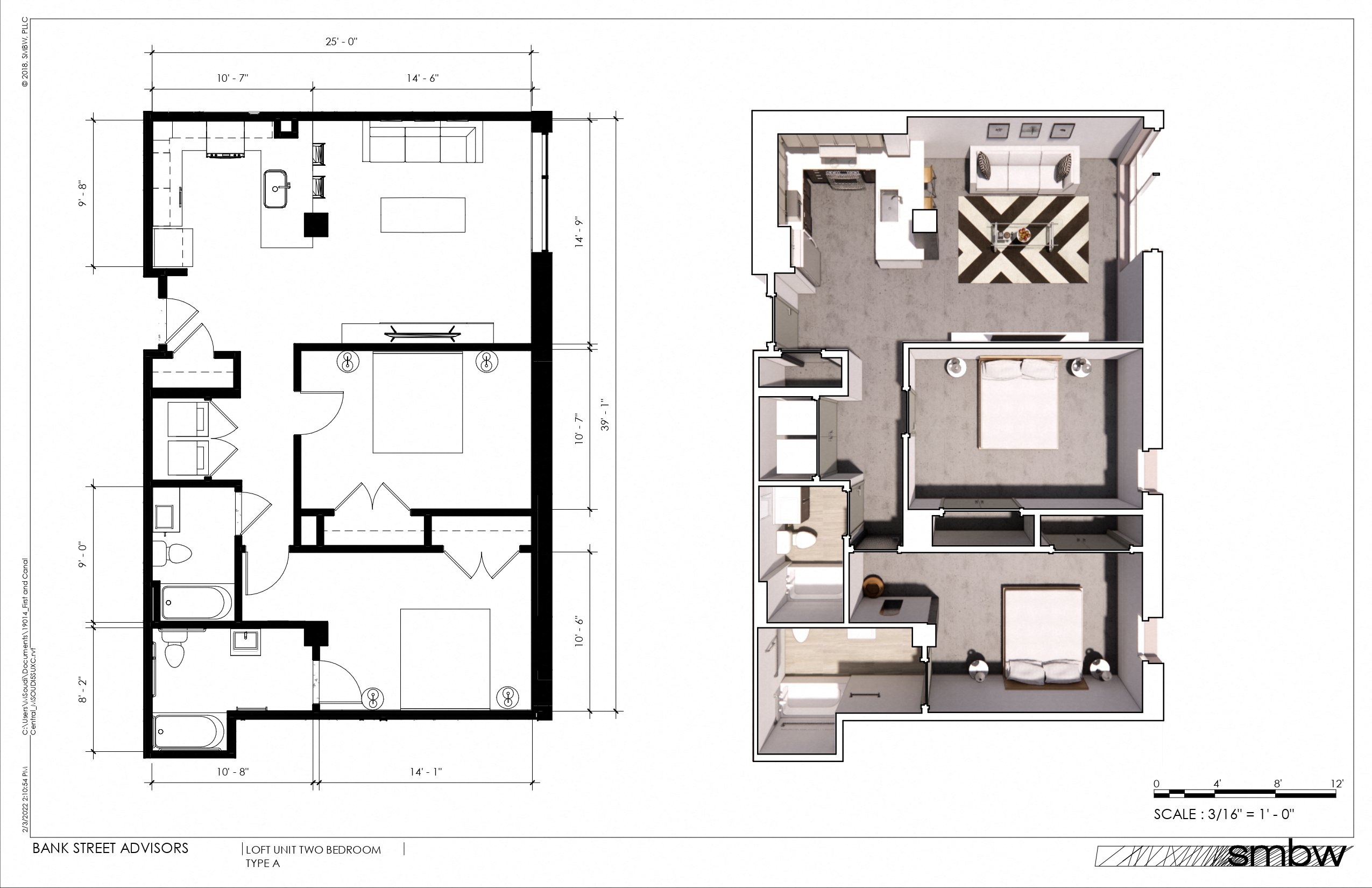 Floor plan for 2 beds, 2 baths, 1061 sqft